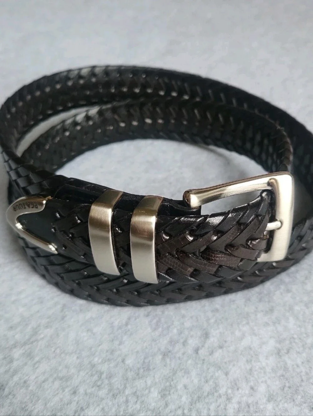 PGA Tour Braided Leather Belt Mens 38 Black Woven Stainless Steel Dress Work